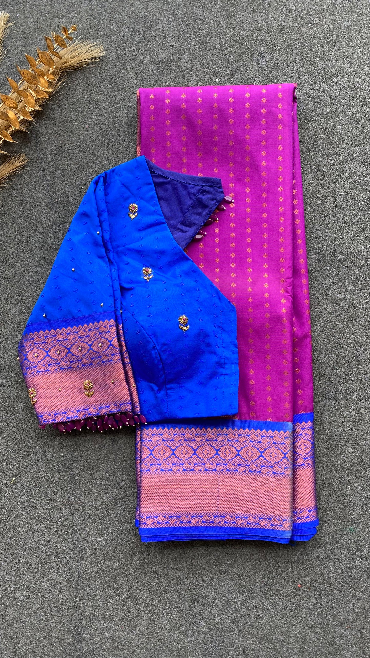 Pink and blue silk saree with hand work blouse