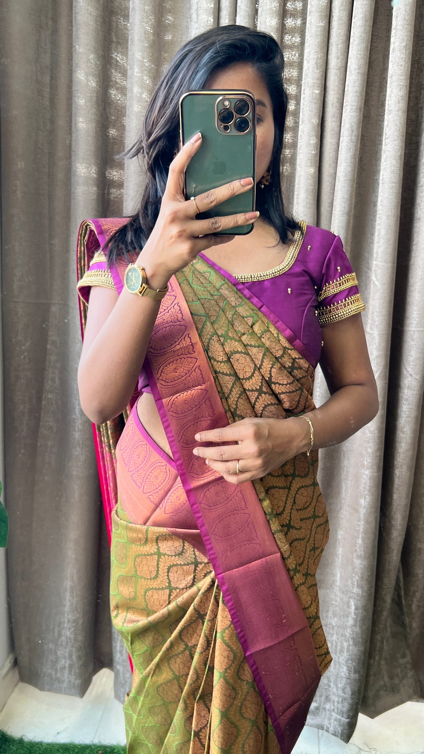 (Free full draping )Green and golden silk saree with purple hand work blouse