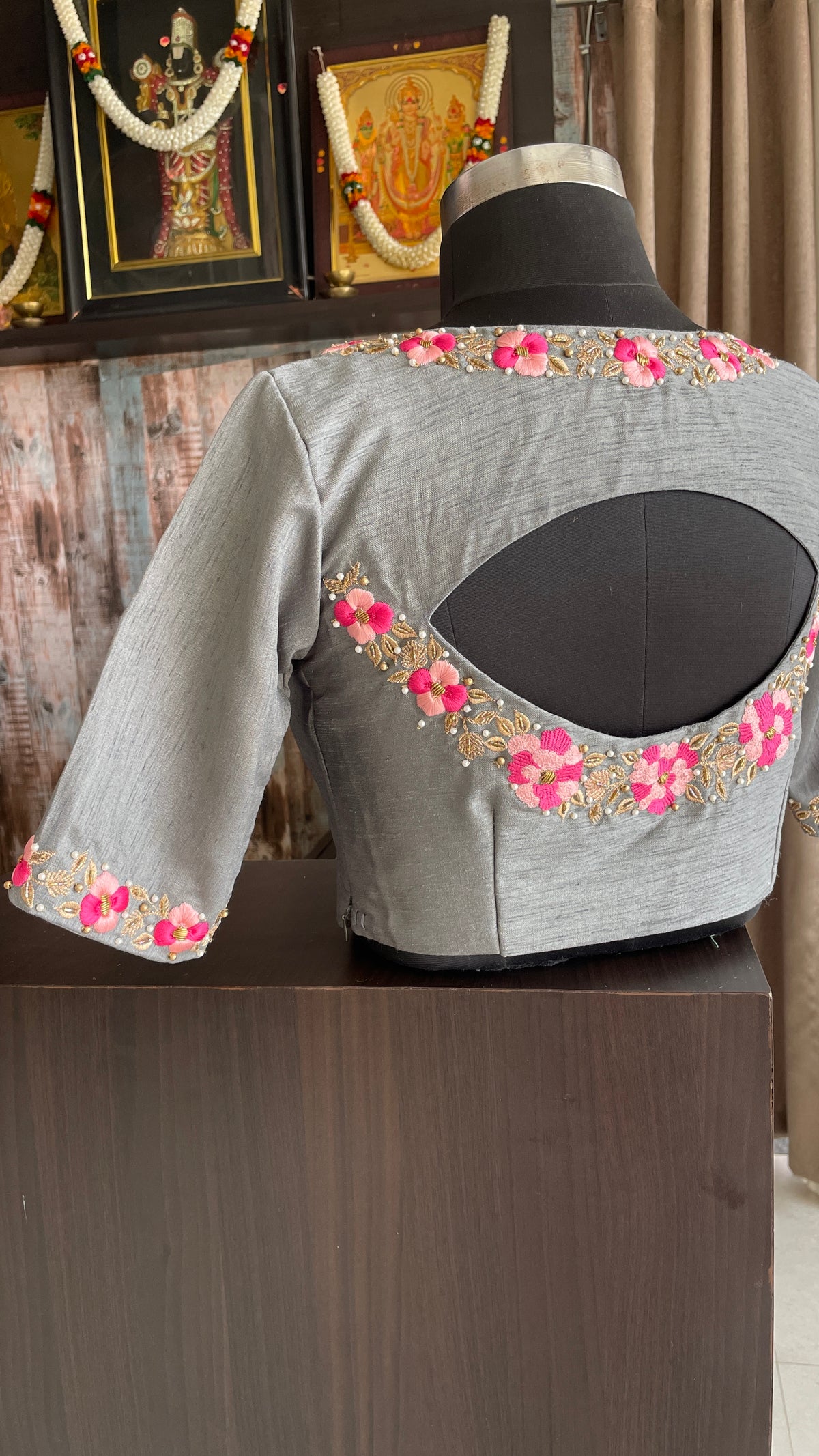 Grey silk floral intricate hand worked blouse
