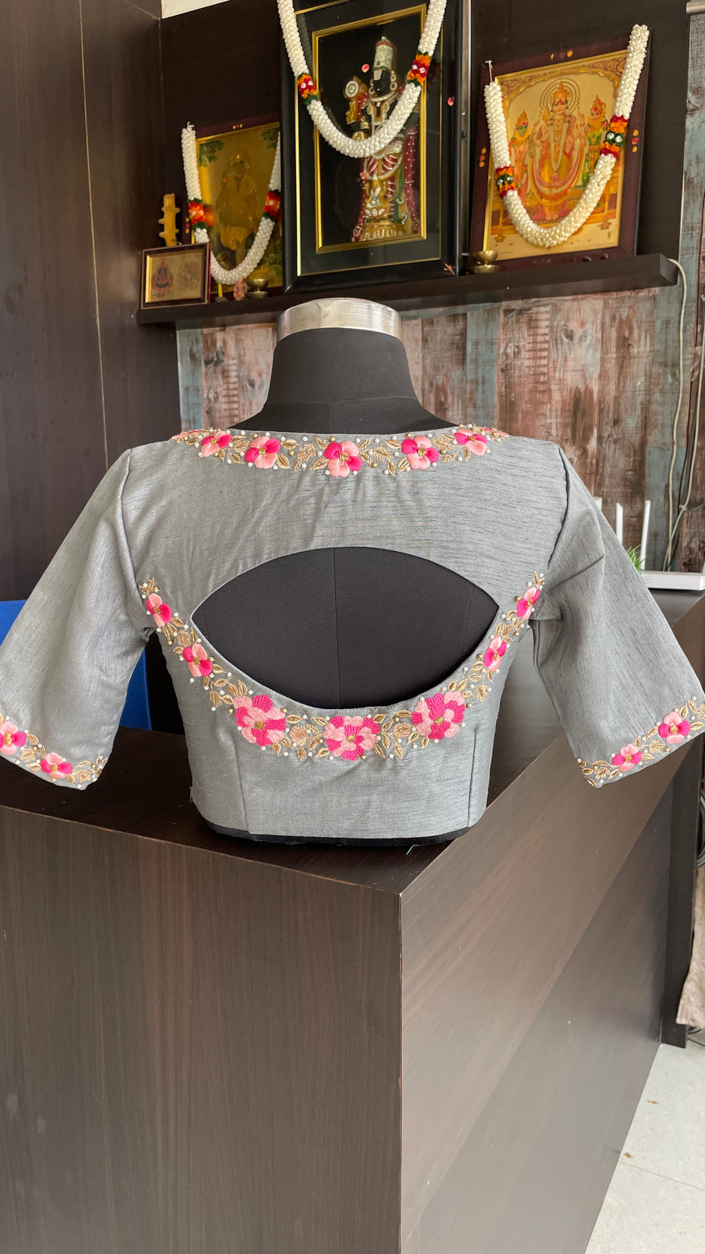 Grey silk floral intricate hand worked blouse