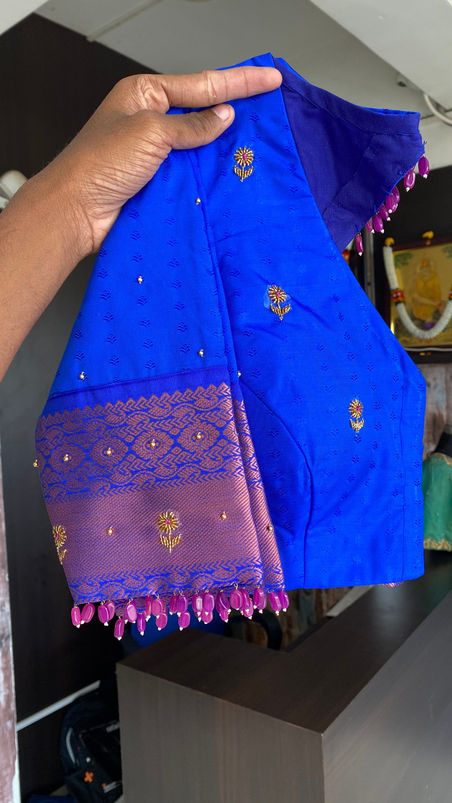 Pink and blue silk saree with hand work blouse