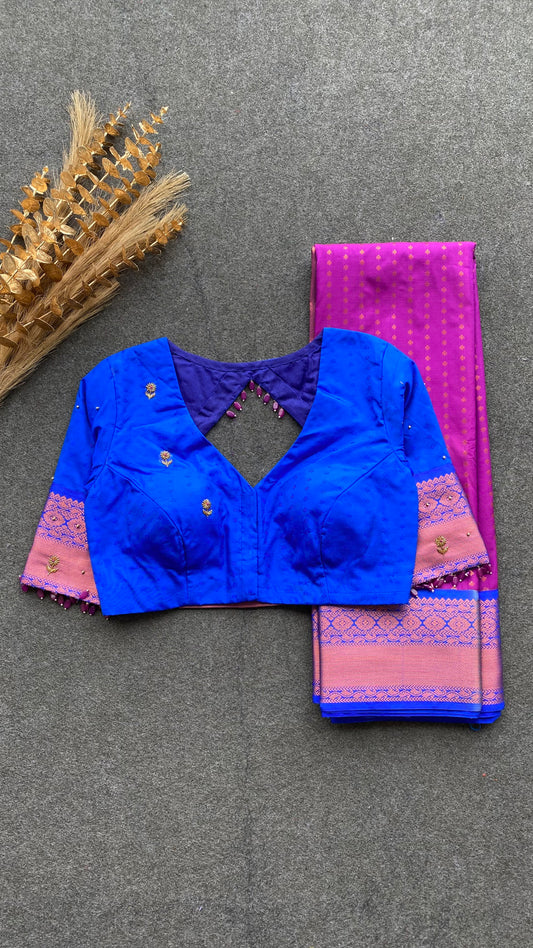 Pink and blue silk saree with hand work blouse