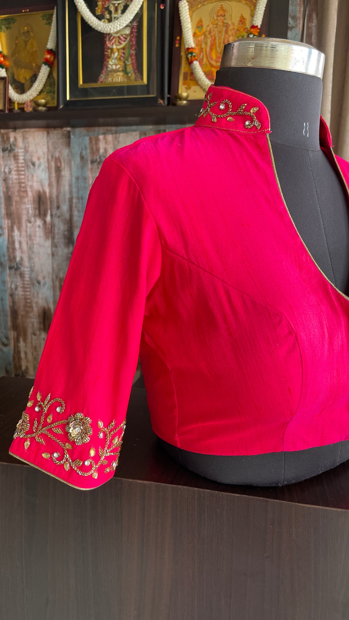 Pink silk collar & sleeves hand worked blouse