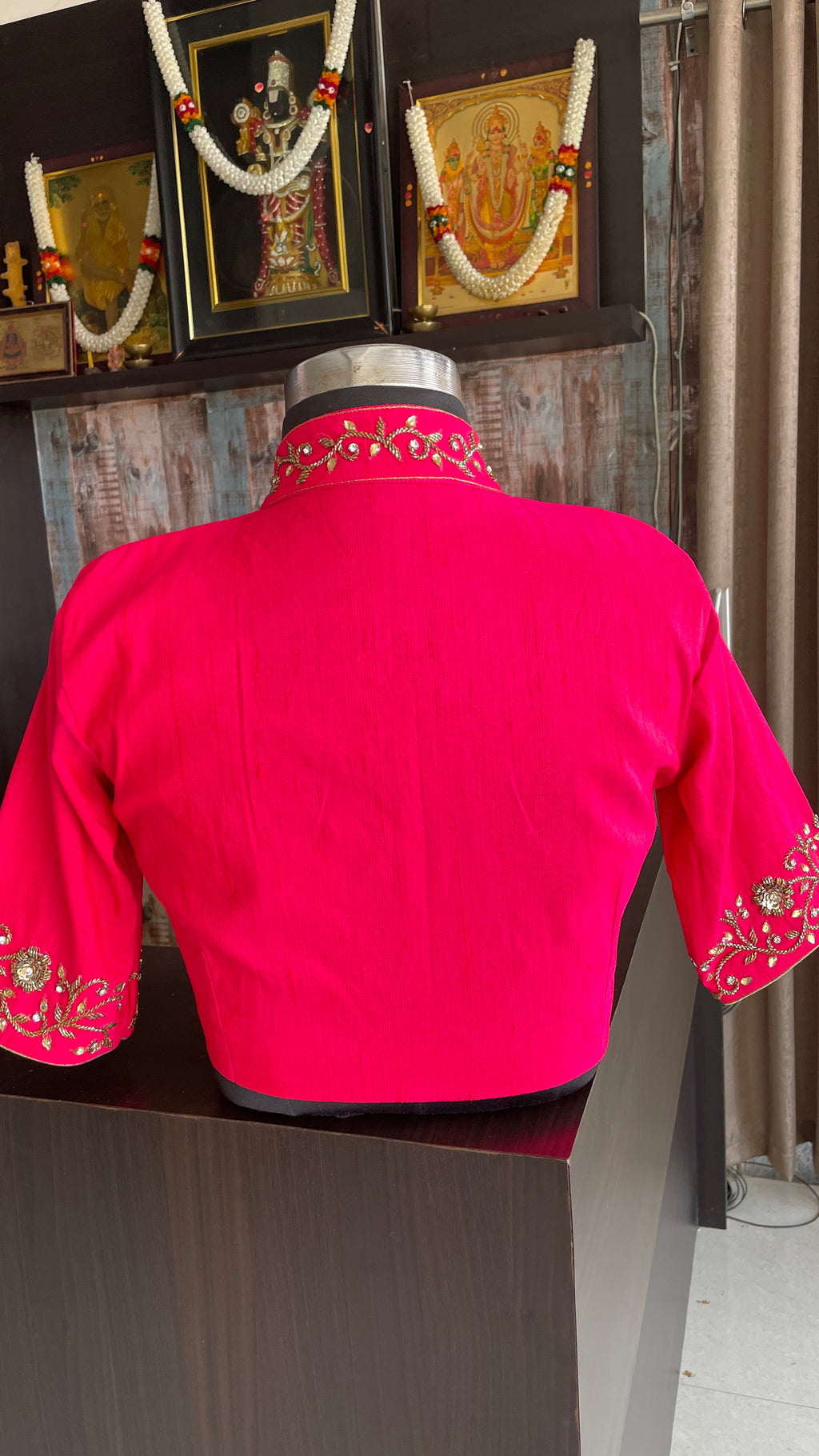 Pink silk collar & sleeves hand worked blouse