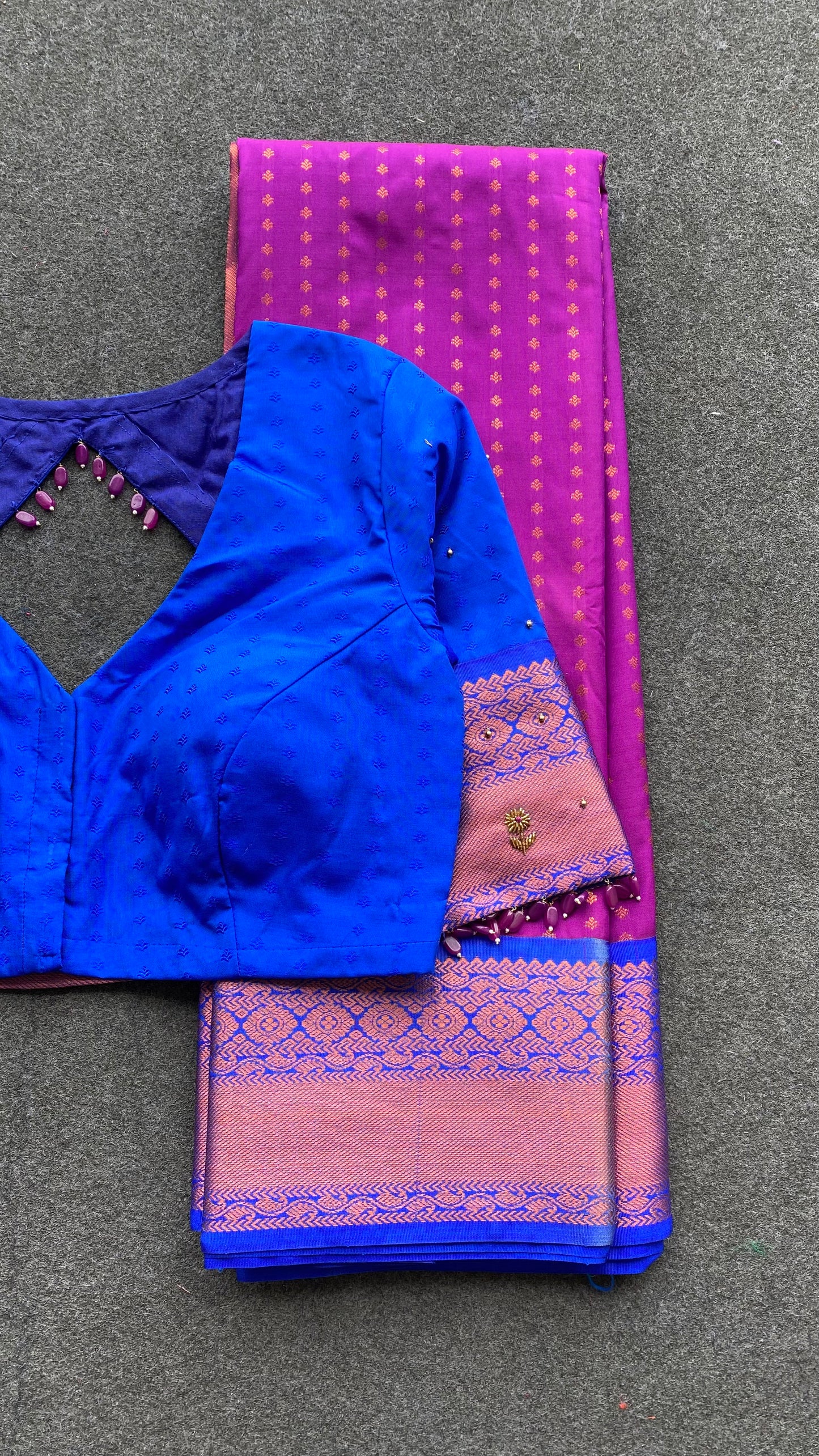 Pink and blue silk saree with hand work blouse