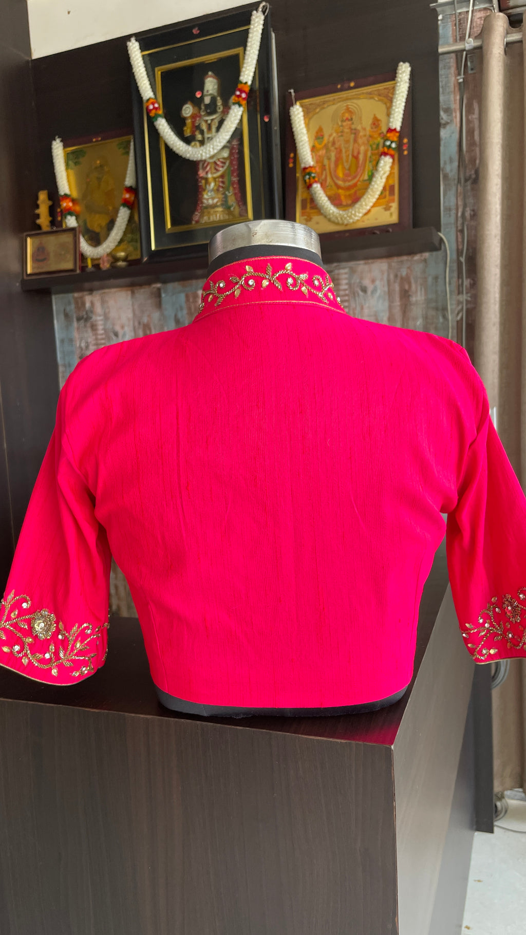 Pink silk collar & sleeves hand worked blouse