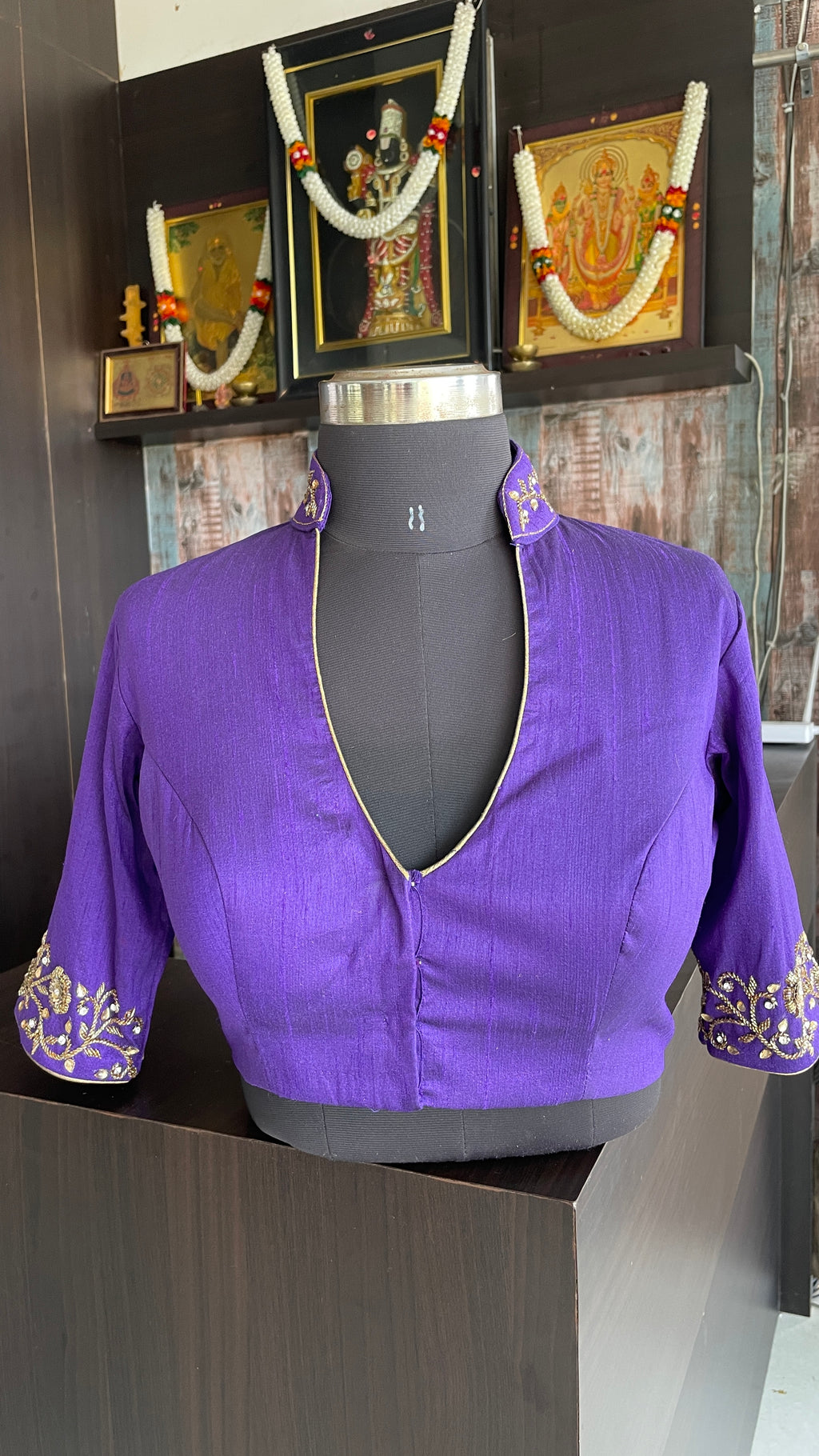 Purple silk collar & sleeves hand worked blouse