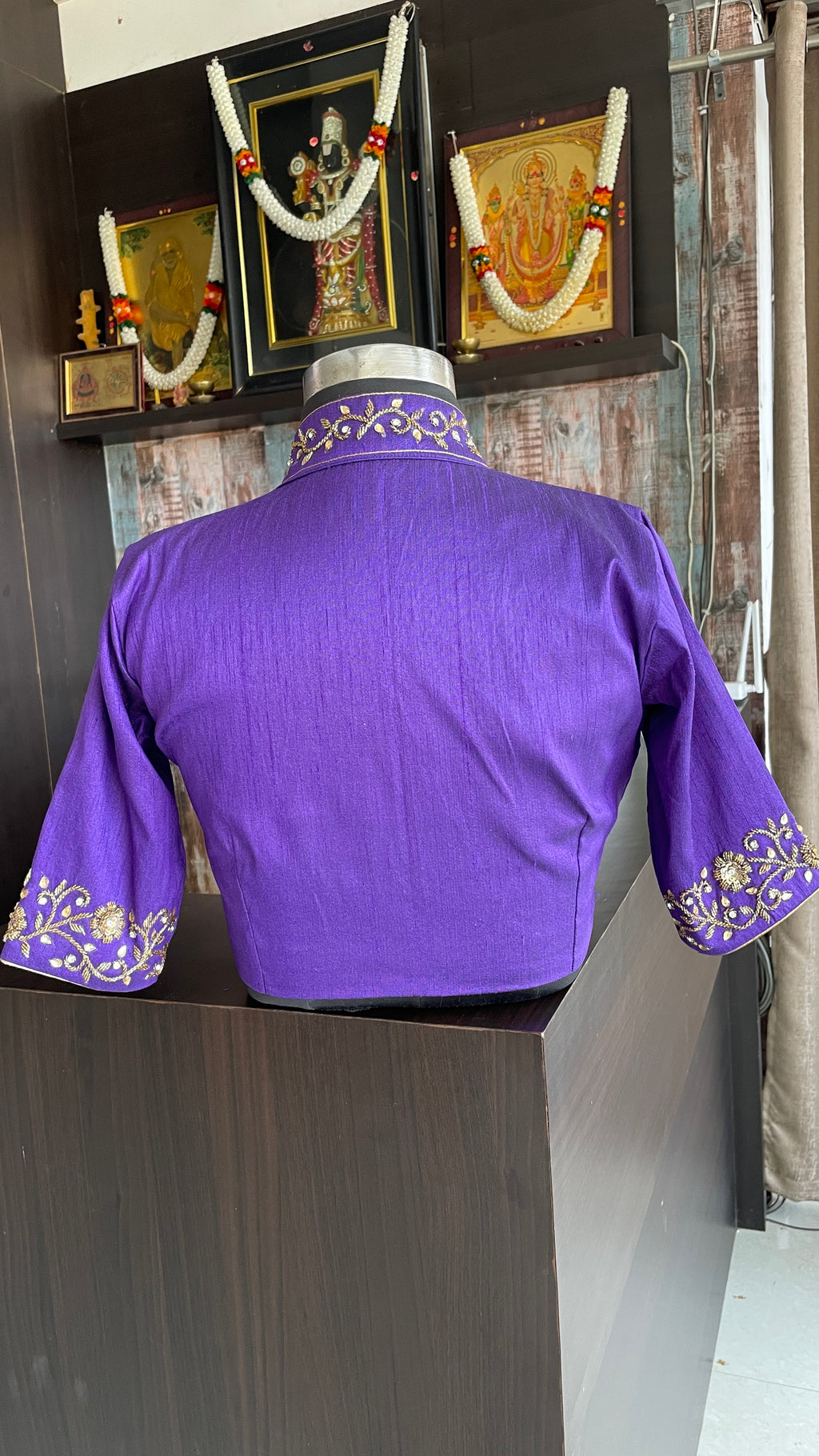 Purple silk collar & sleeves hand worked blouse