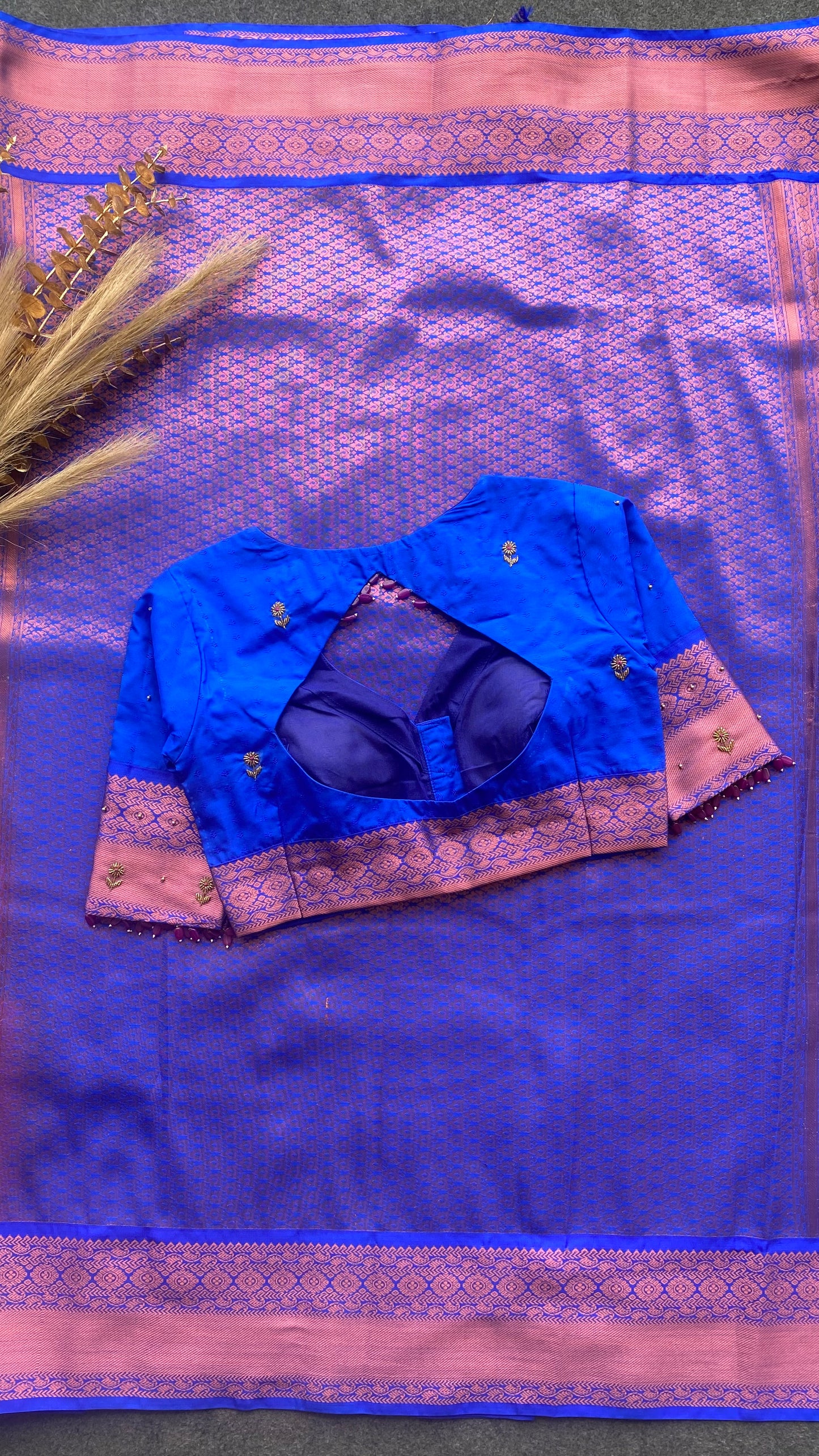 Pink and blue silk saree with hand work blouse