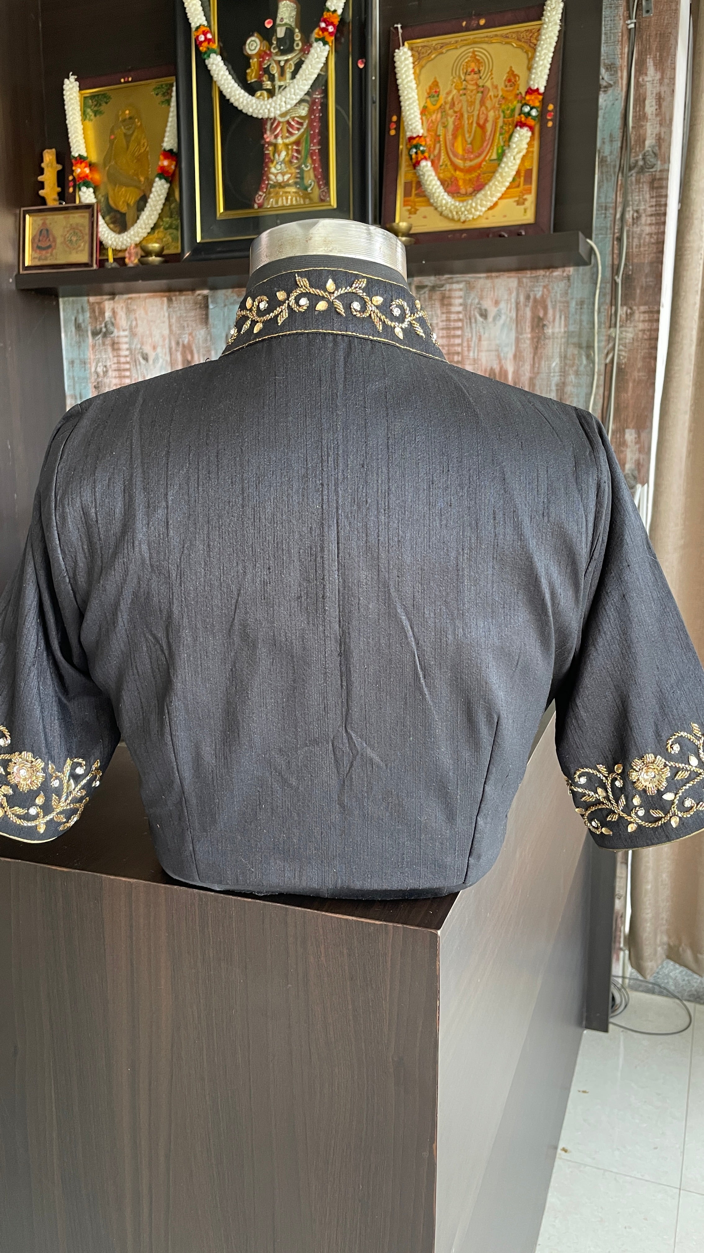Black silk collar & sleeves hand worked blouse