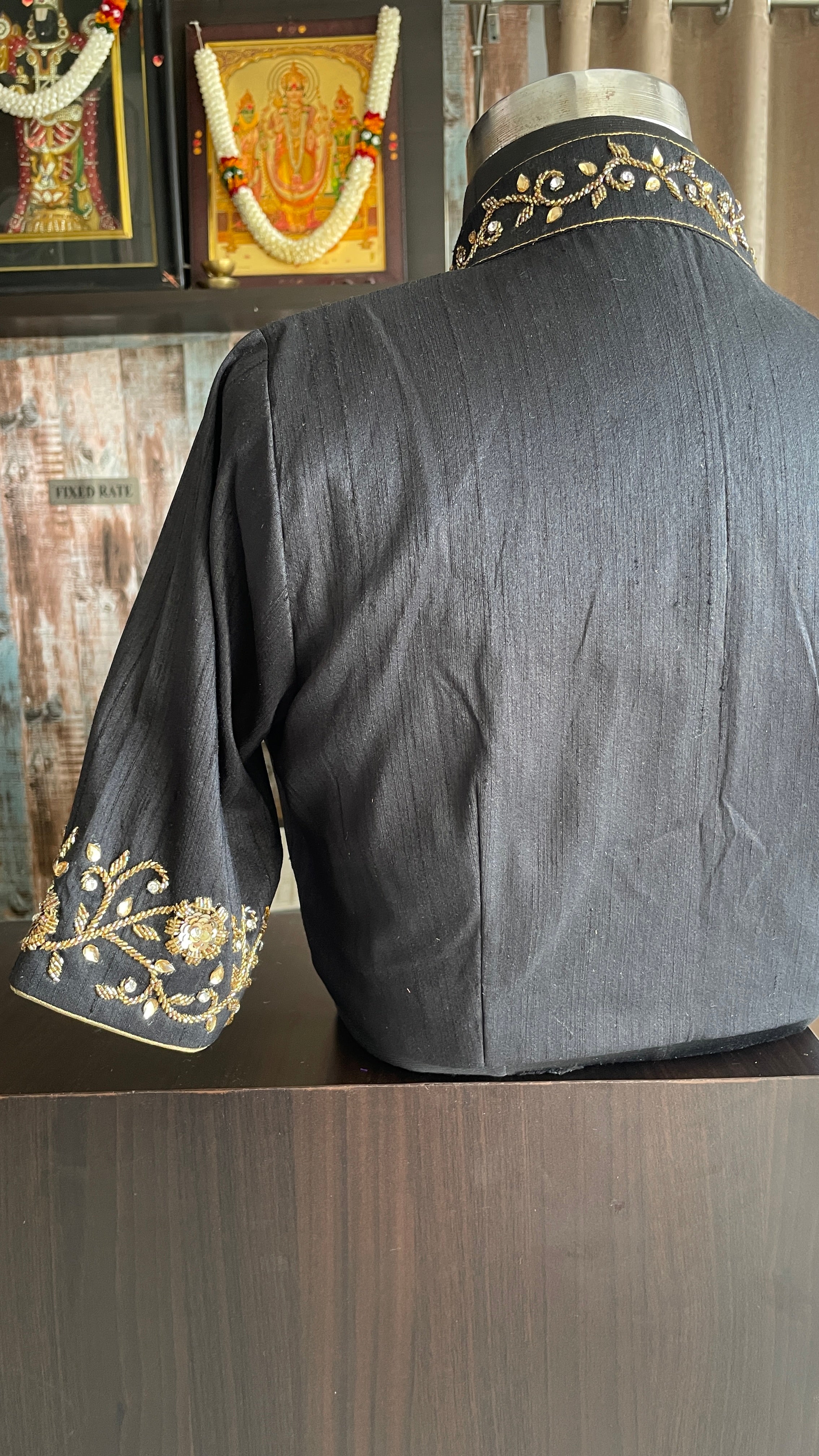 Black silk collar & sleeves hand worked blouse
