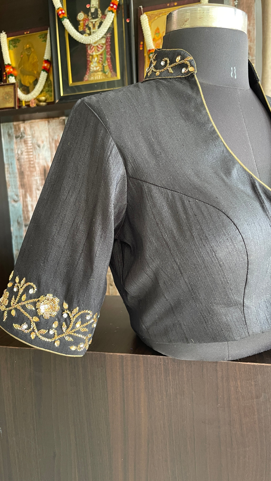 Black silk collar & sleeves hand worked blouse