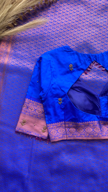 Pink and blue silk saree with hand work blouse