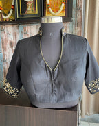 Black silk collar & sleeves hand worked blouse