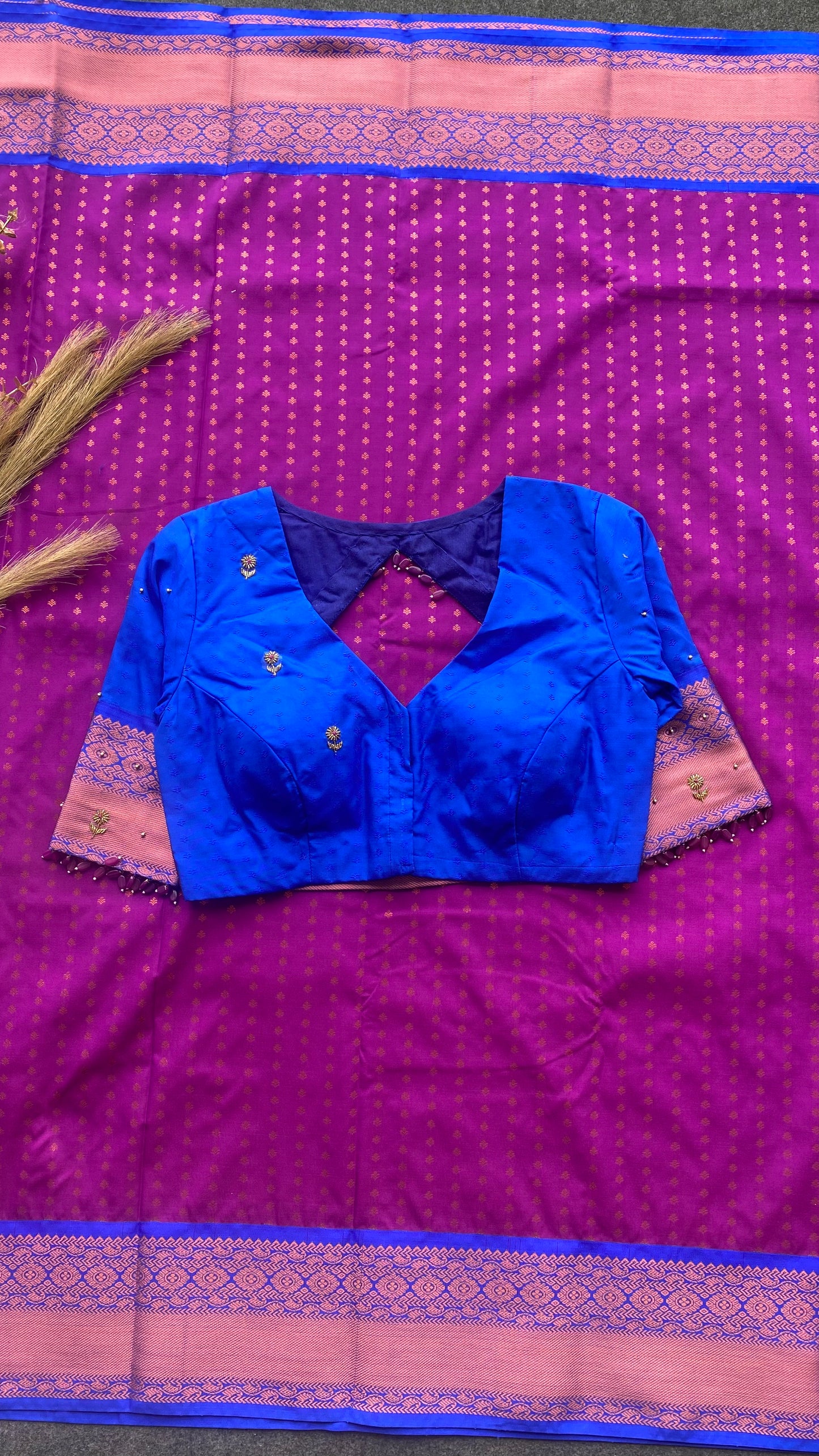 Pink and blue silk saree with hand work blouse