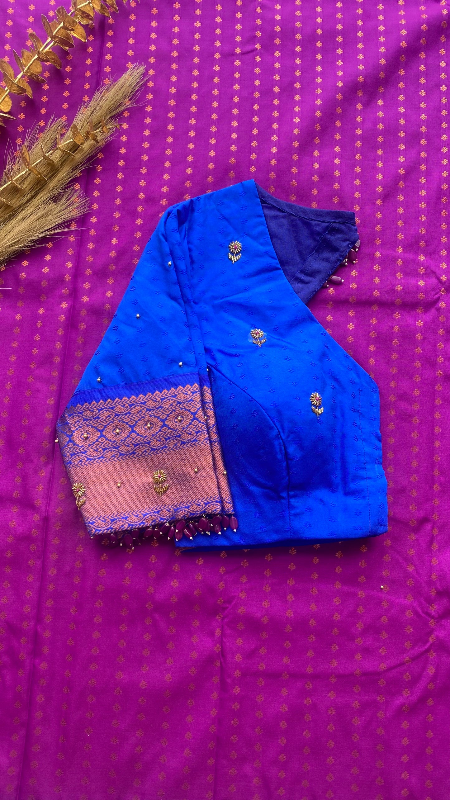 Pink and blue silk saree with hand work blouse