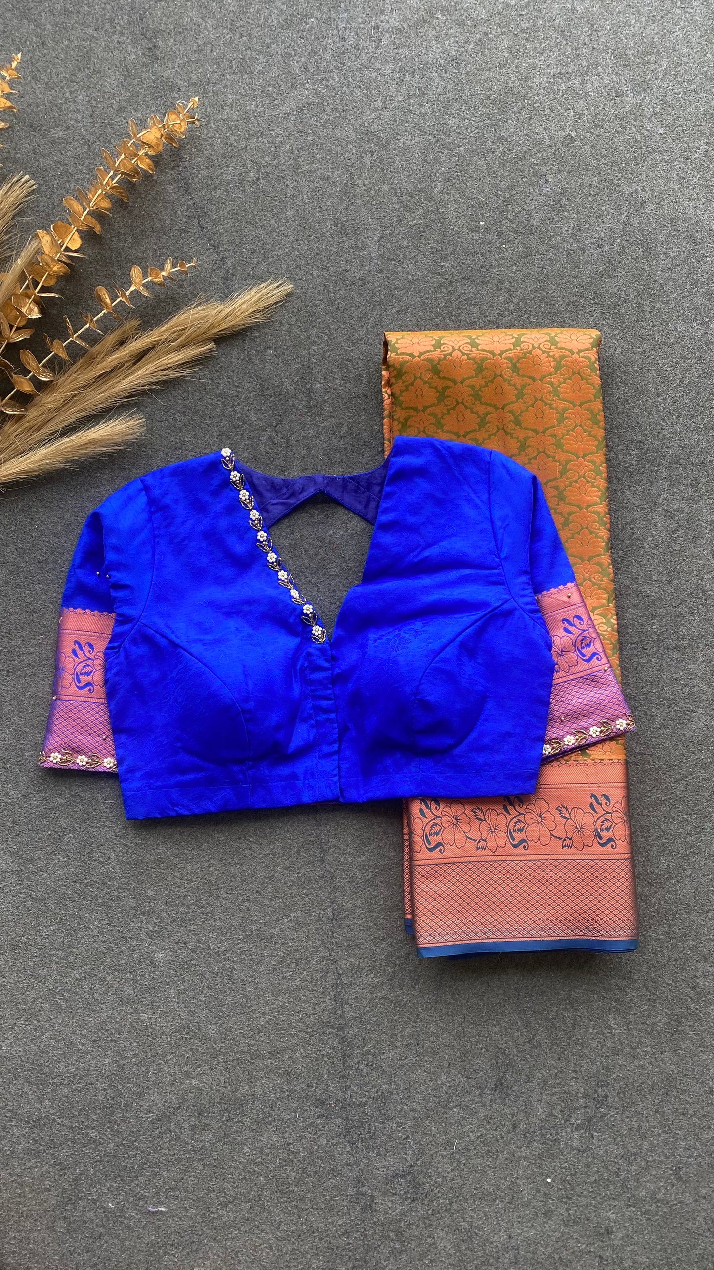 Green and blue silk saree with hand work blouse