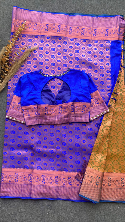 Green and blue silk saree with hand work blouse