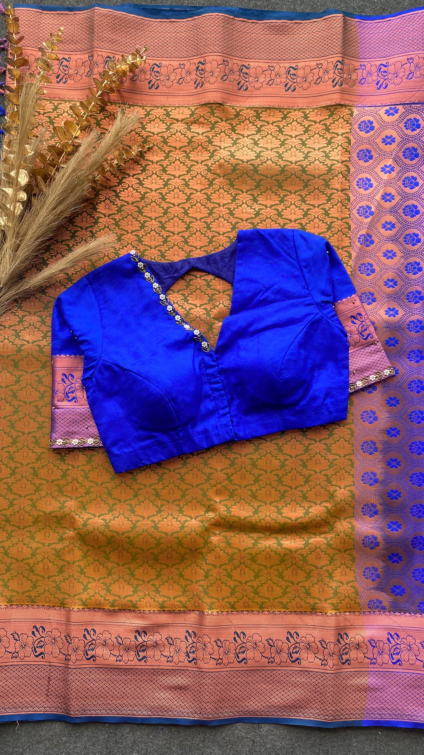 Green and blue silk saree with hand work blouse