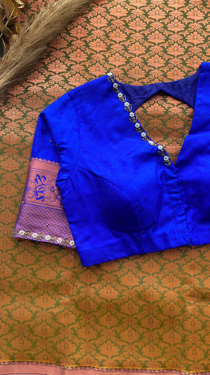 Green and blue silk saree with hand work blouse