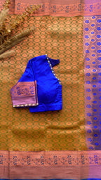 Green and blue silk saree with hand work blouse