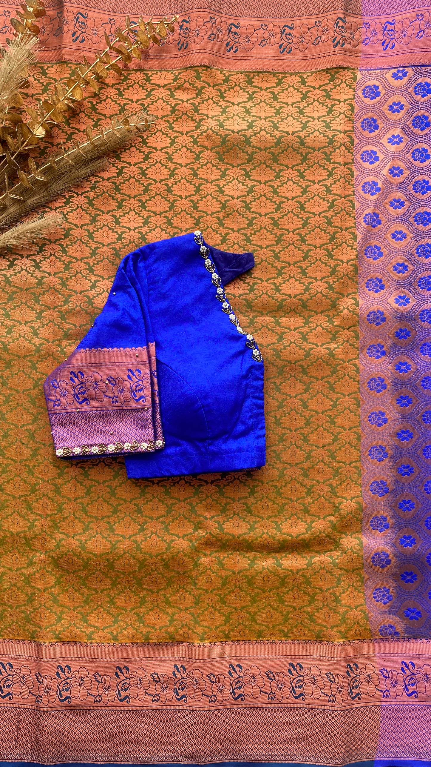 Green and blue silk saree with hand work blouse