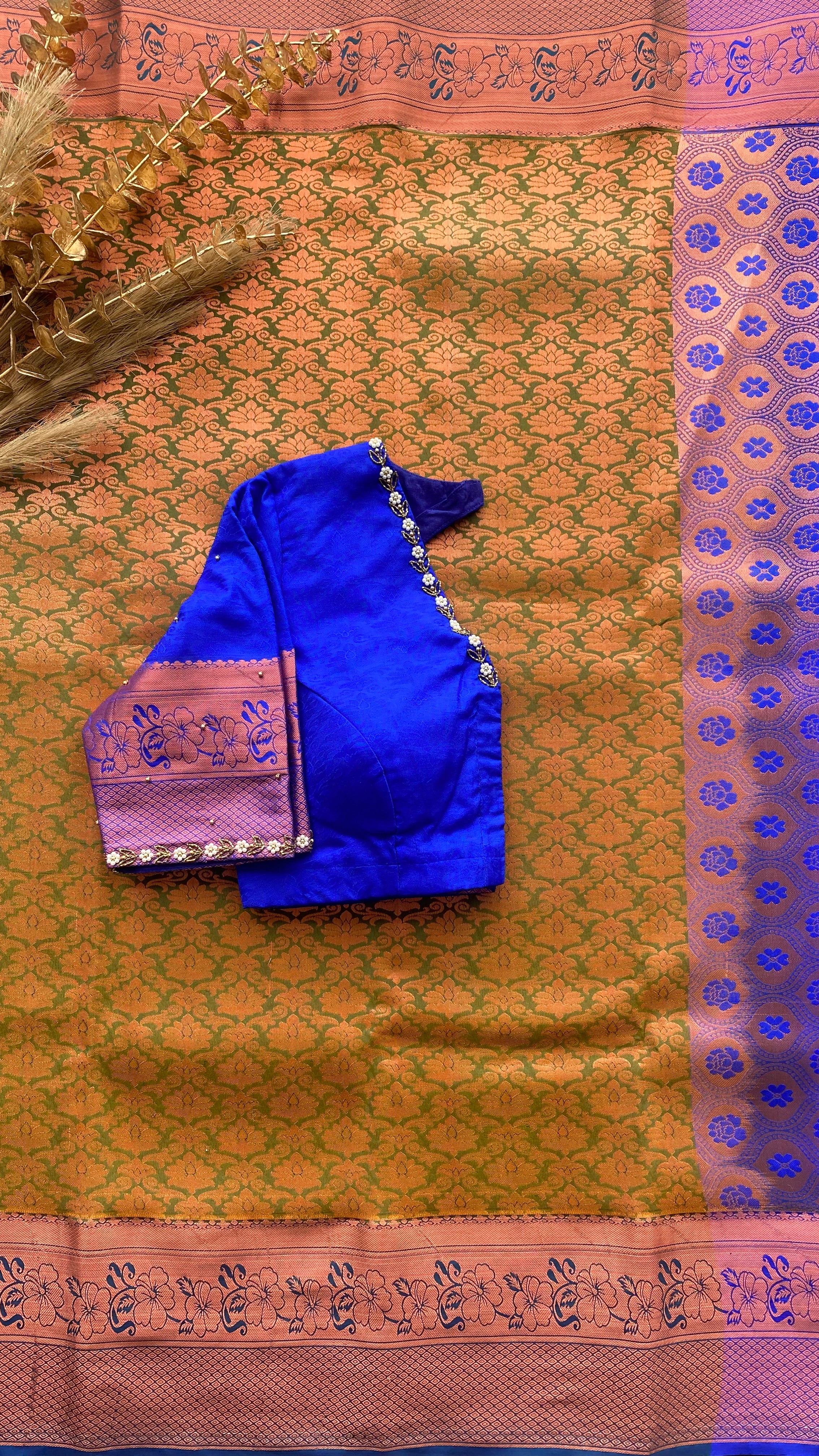 Green and blue silk saree with hand work blouse
