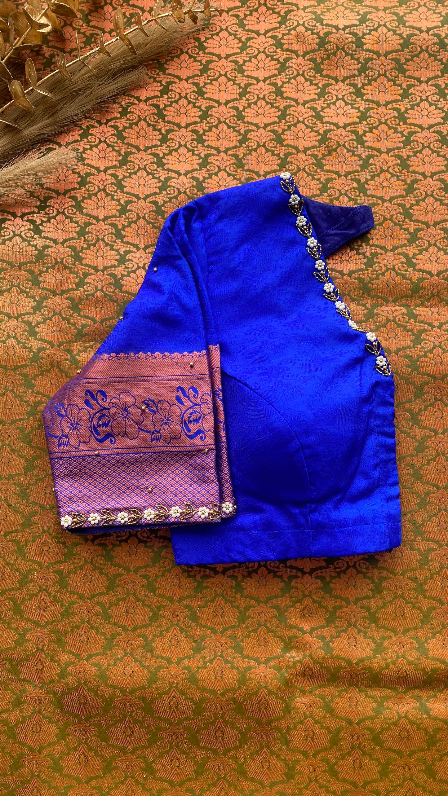 Green and blue silk saree with hand work blouse