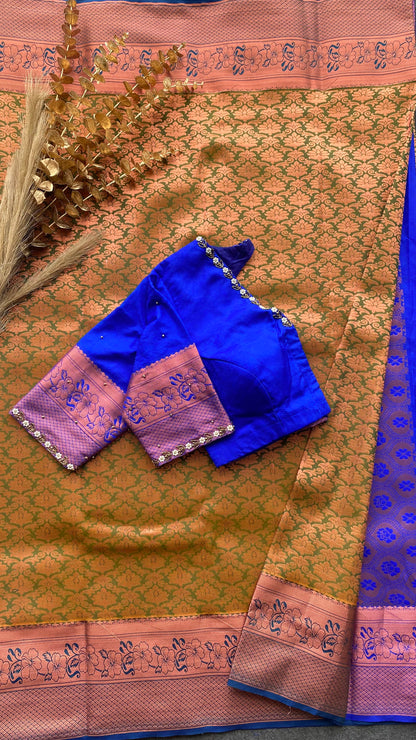 Green and blue silk saree with hand work blouse