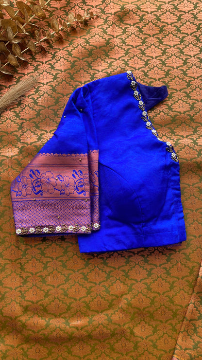 Green and blue silk saree with hand work blouse