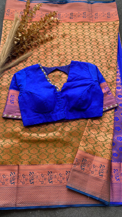 Green and blue silk saree with hand work blouse