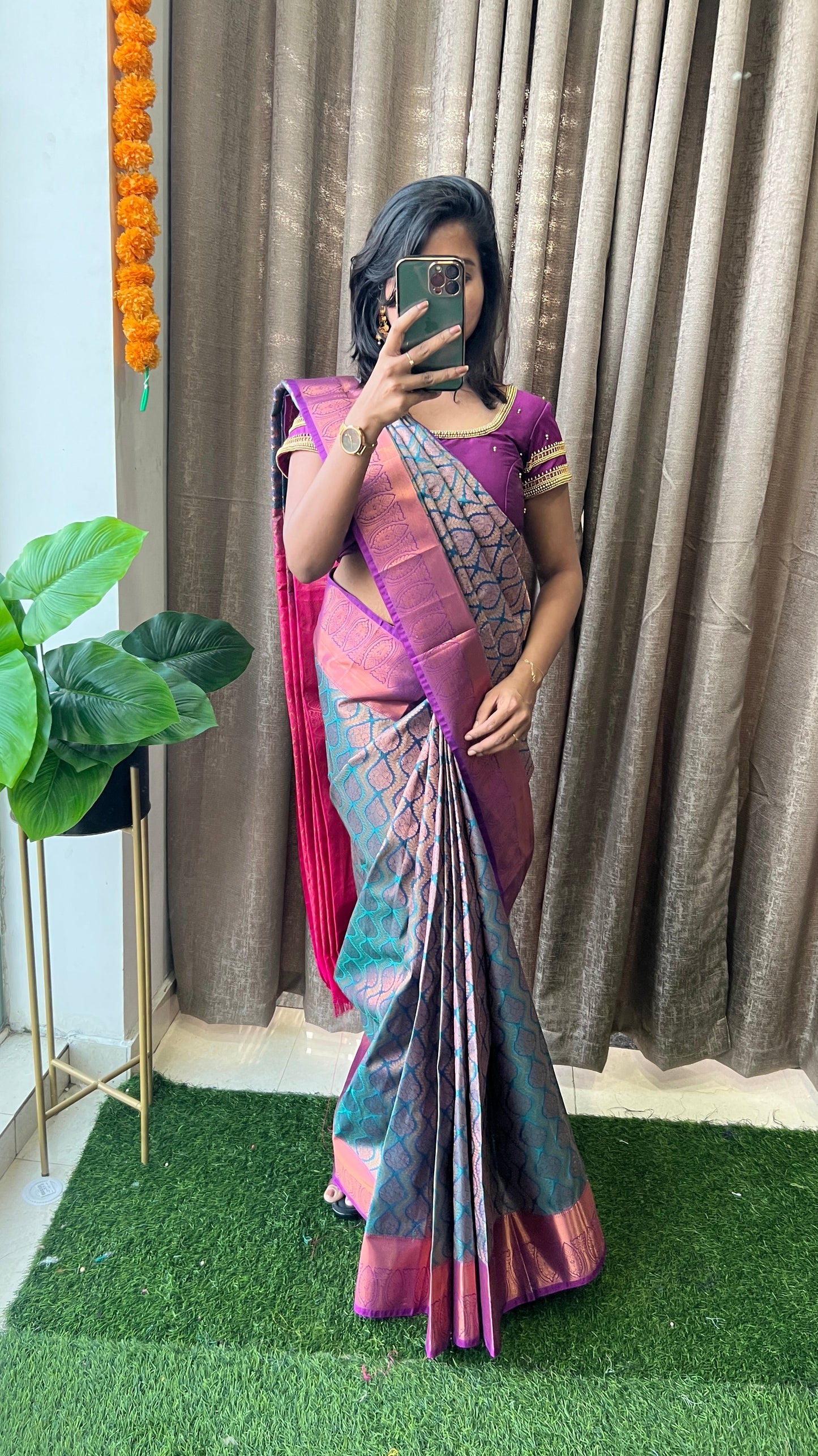 (Free full draping )Peacock and purple silk saree with hand work blouse