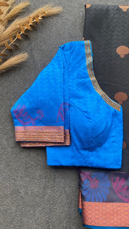 Black and blue silk saree with hand work blouse