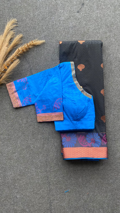 Black and blue silk saree with hand work blouse