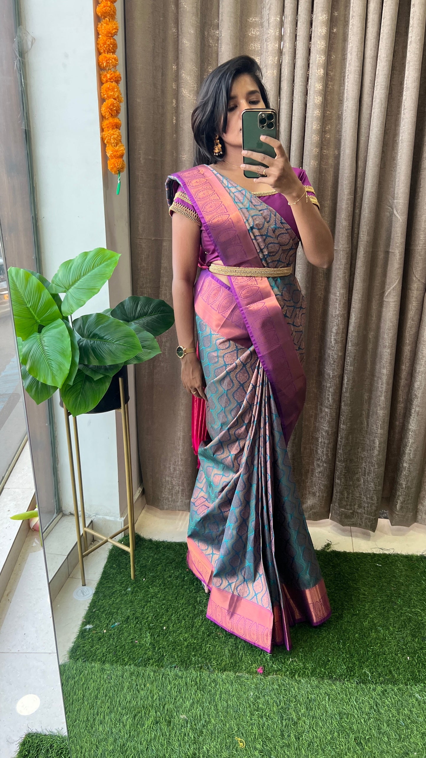 (Free full draping )Peacock and purple silk saree with hand work blouse