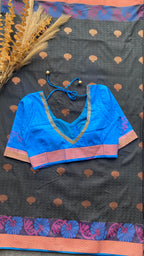 Black and blue silk saree with hand work blouse