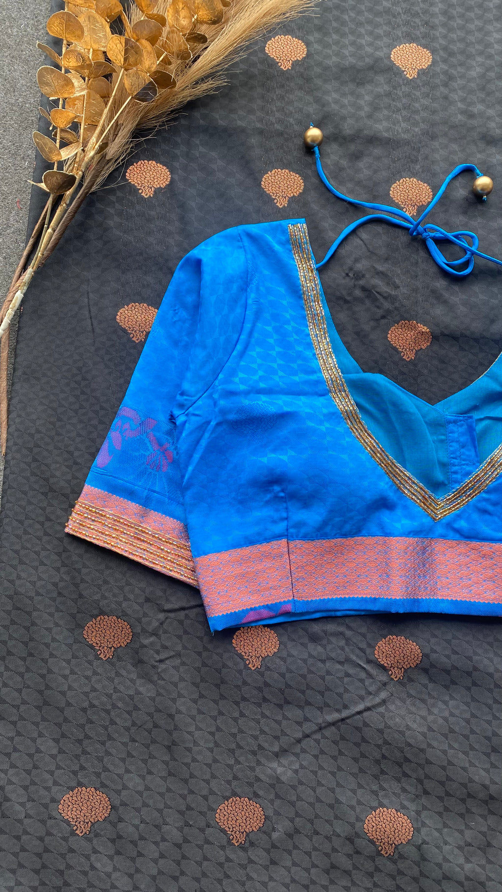 Black and blue silk saree with hand work blouse