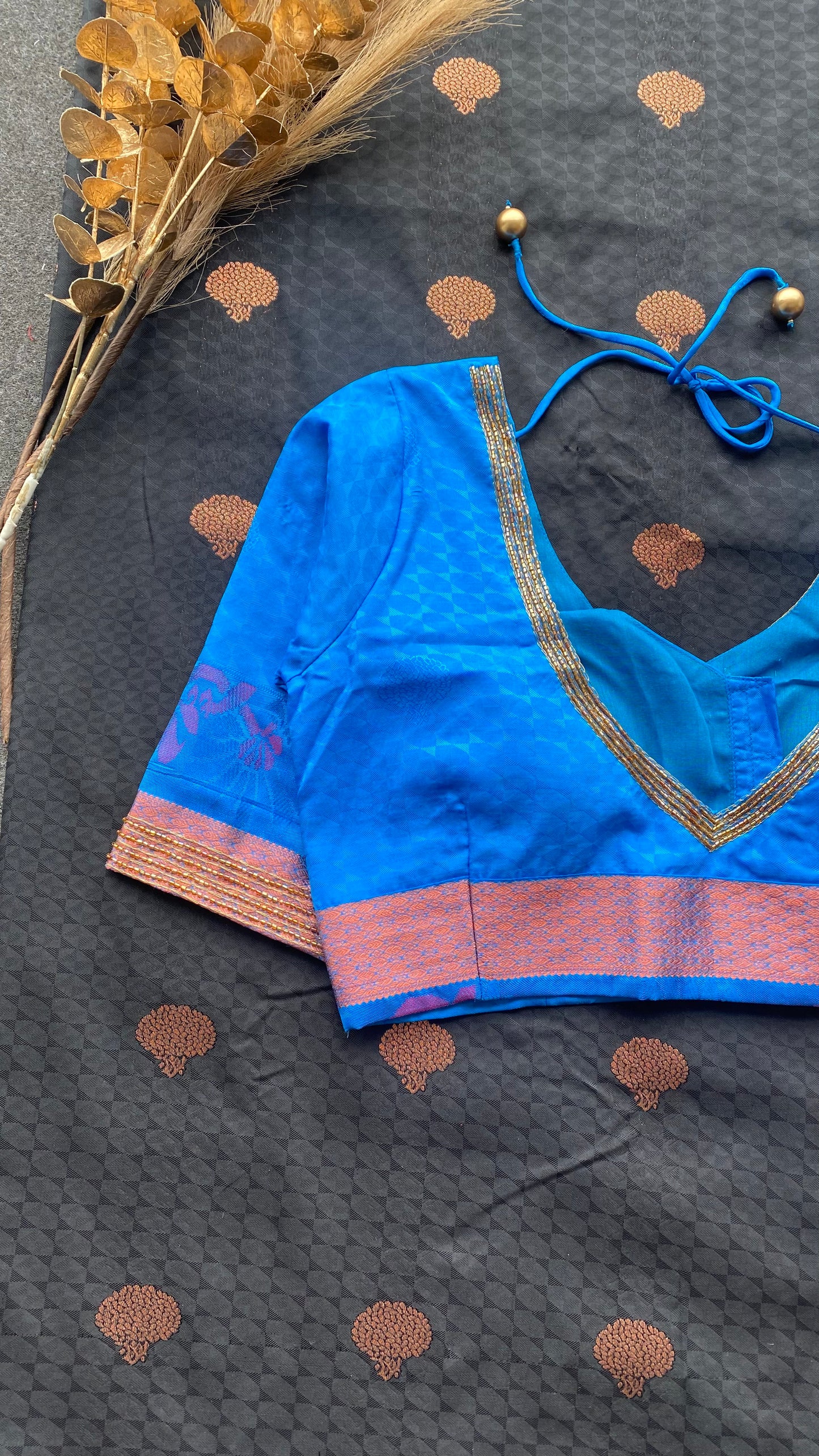 Black and blue silk saree with hand work blouse