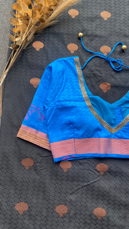 Black and blue silk saree with hand work blouse