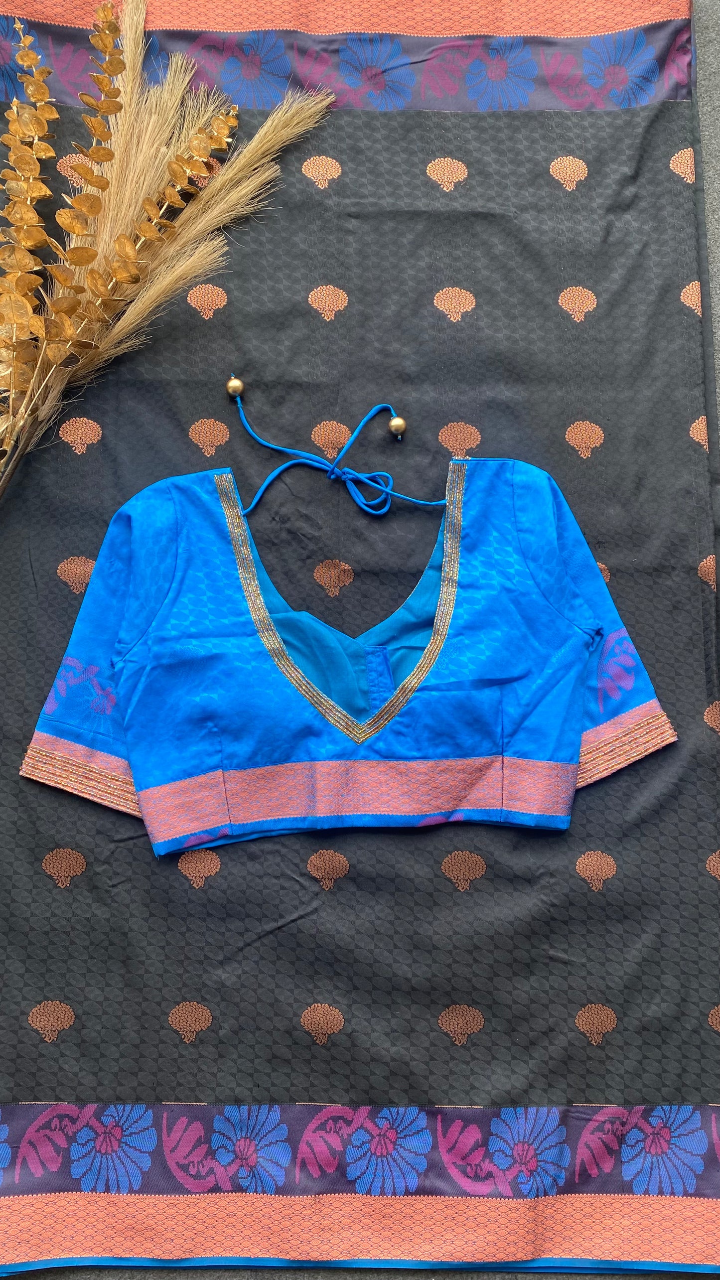 Black and blue silk saree with hand work blouse