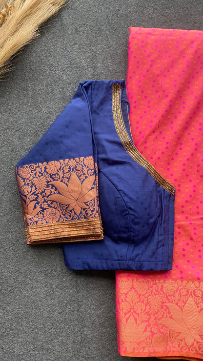 Peach and navy blue silk saree with hand work blouse