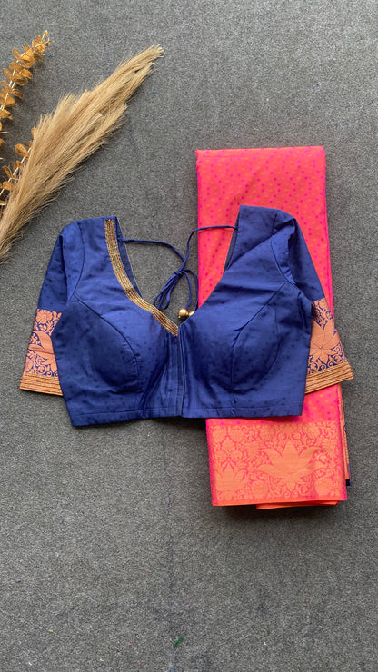 Peach and navy blue silk saree with hand work blouse