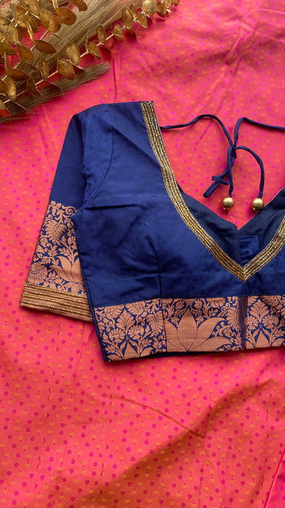 Peach and navy blue silk saree with hand work blouse