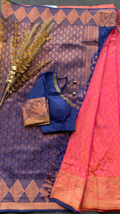 Peach and navy blue silk saree with hand work blouse