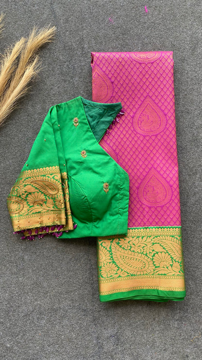 Rani pink and green silk saree with hand work blouse