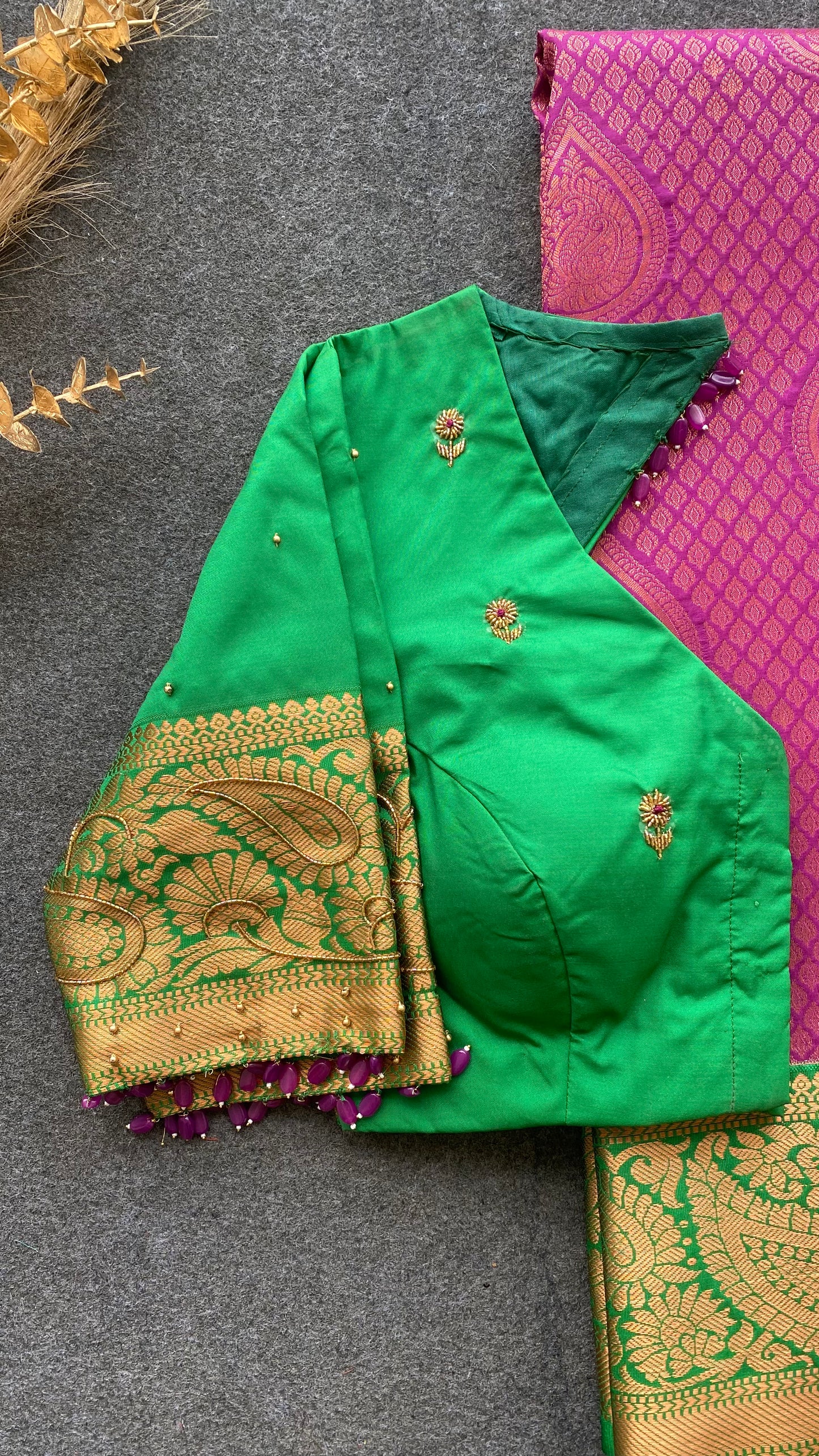 Rani pink and green silk saree with hand work blouse