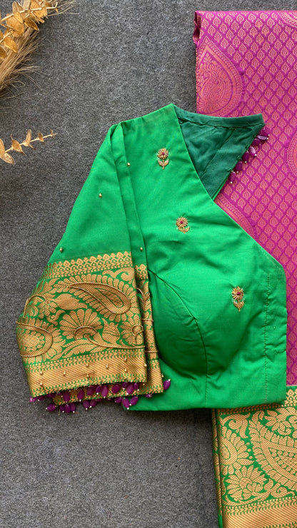 Rani pink and green silk saree with hand work blouse