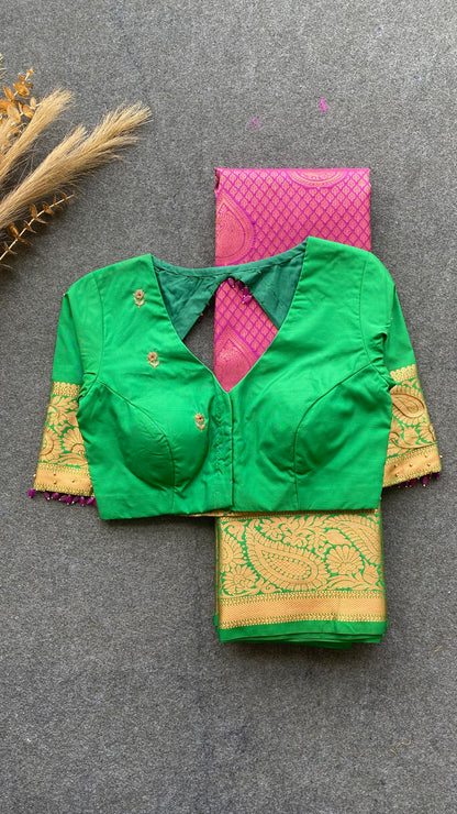 Rani pink and green silk saree with hand work blouse