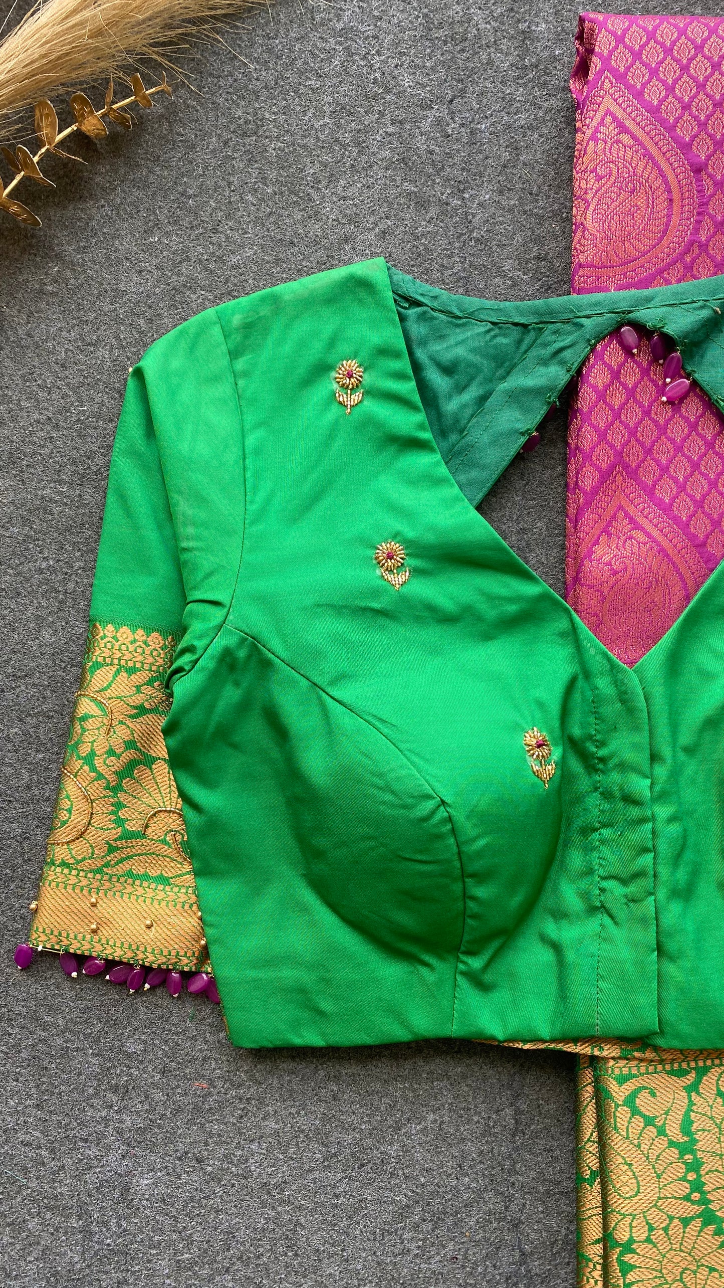 Rani pink and green silk saree with hand work blouse