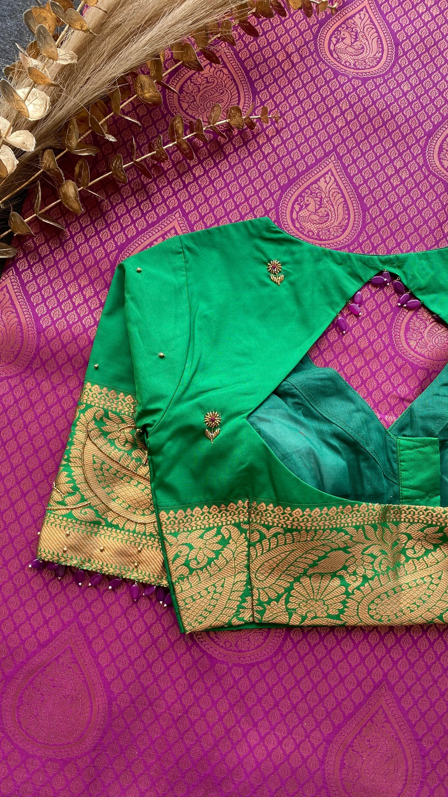 Rani pink and green silk saree with hand work blouse